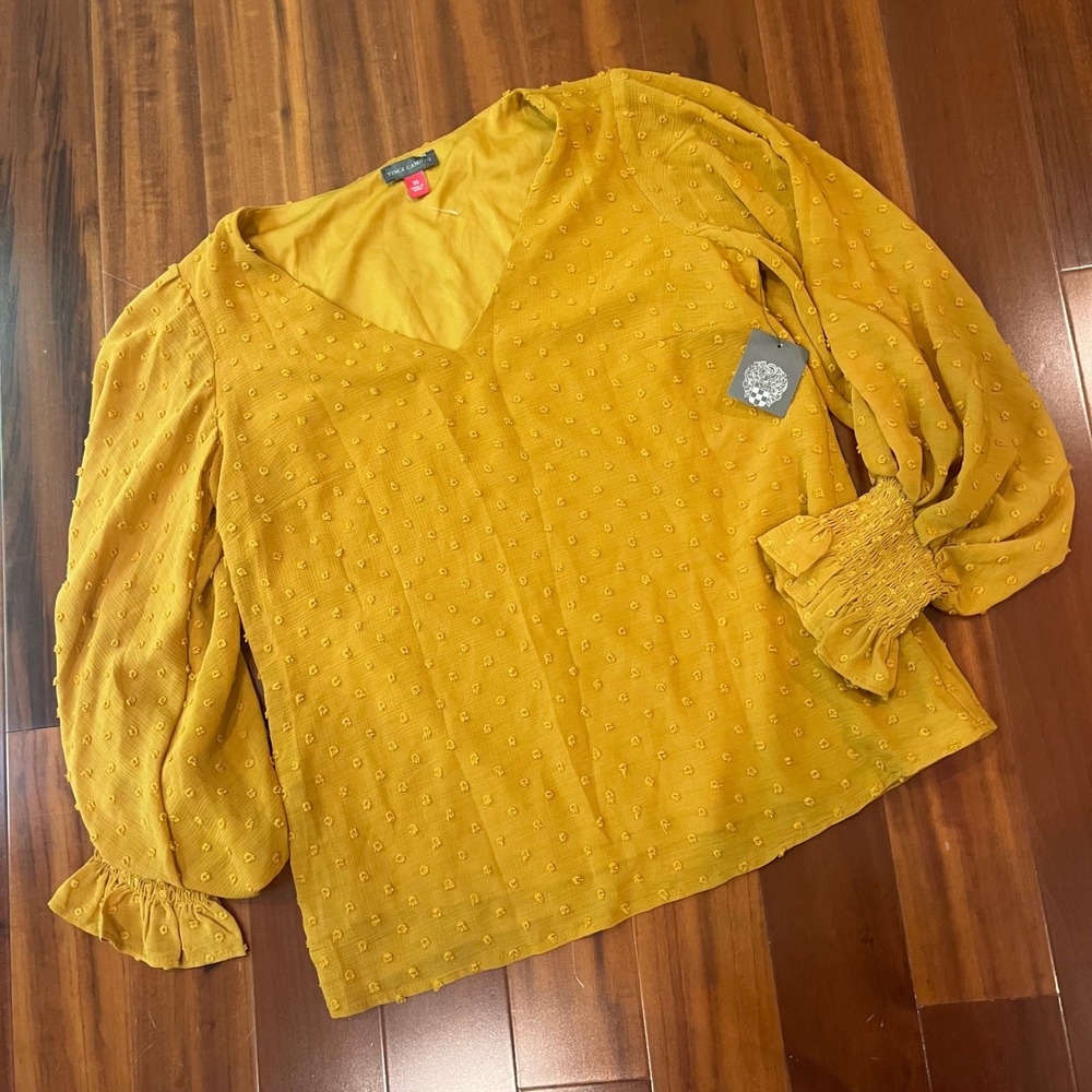 Mustard Yellow Blouse Long Sleeve Top Vince Camuto Honey Pot Dot V-Neck New XS